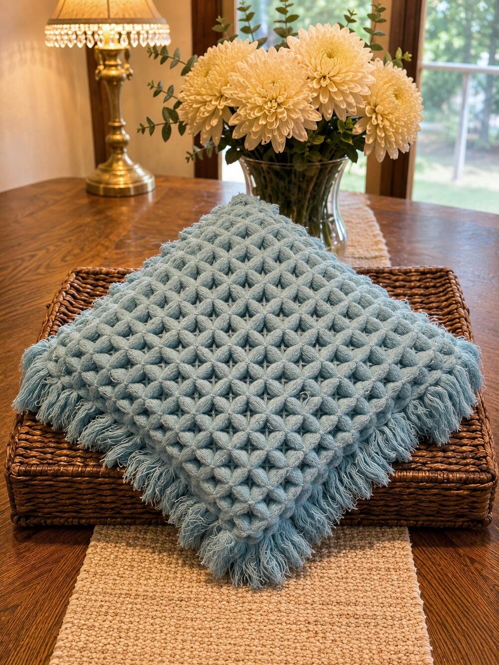 Vintage Pom Pom Pillow, Handmade - Granny/Cottage Decor